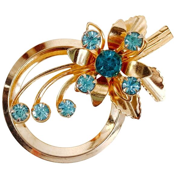 VTG 1950s Brooch Floral Aqua Rhinestones Mid Century Gold Tone Layered Jewelry - Picture 1 of 12